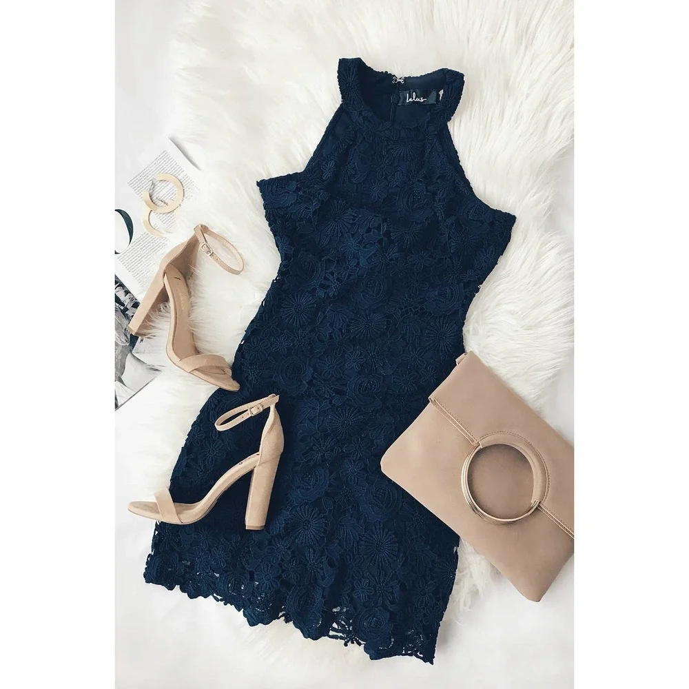 Lulus Lace Dress Size Large Love Poem Sheath High Neck  Sleeveless Navy - Picture 12 of 12